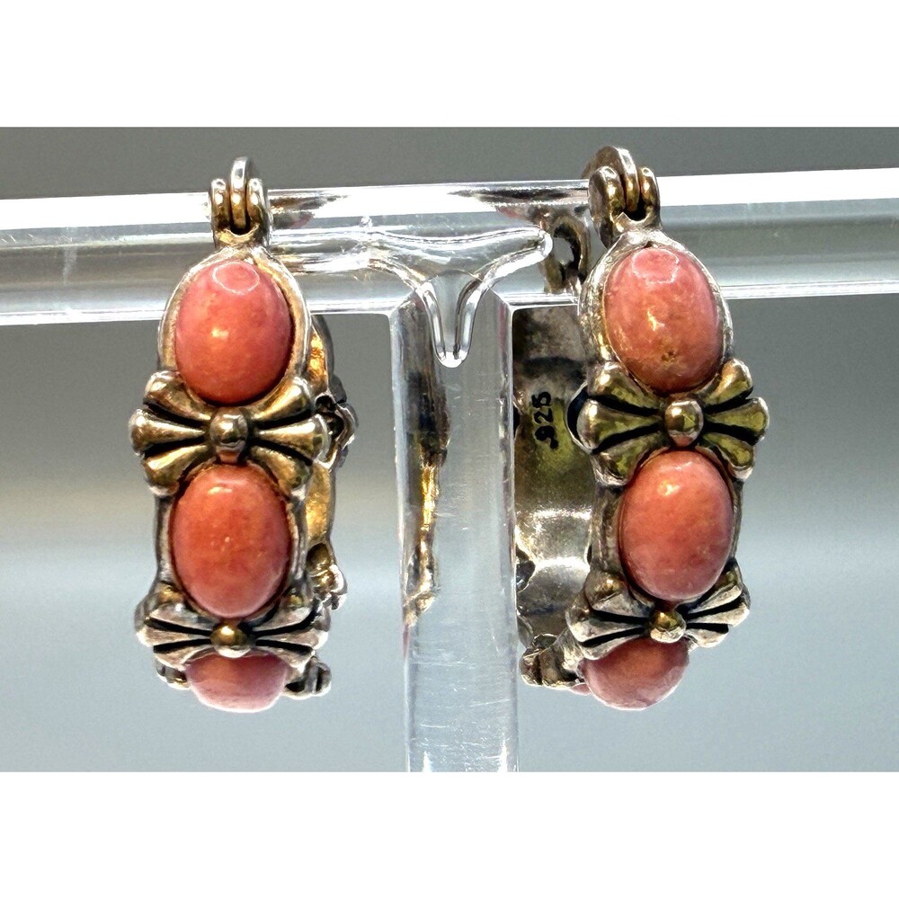 Vintage Estate Sterling Silver 925 Rhodochrosite Hoop Earrings 8.5g Signed